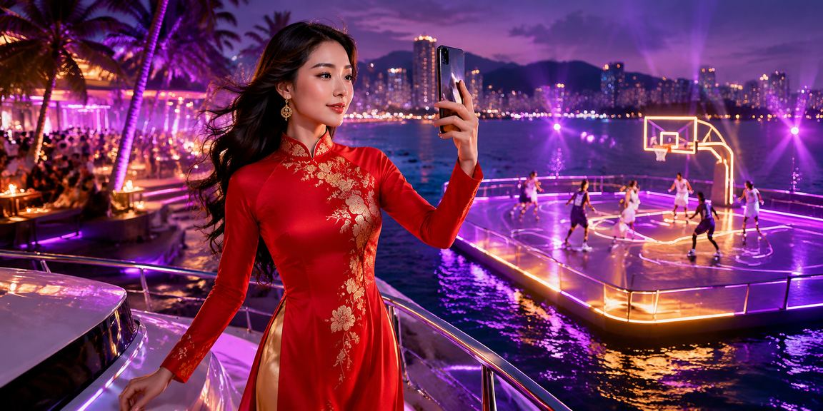 Người dùng Nha Trang mặc áo dài theo dõi kèo bóng rổ trên điện thoại buổi chiều